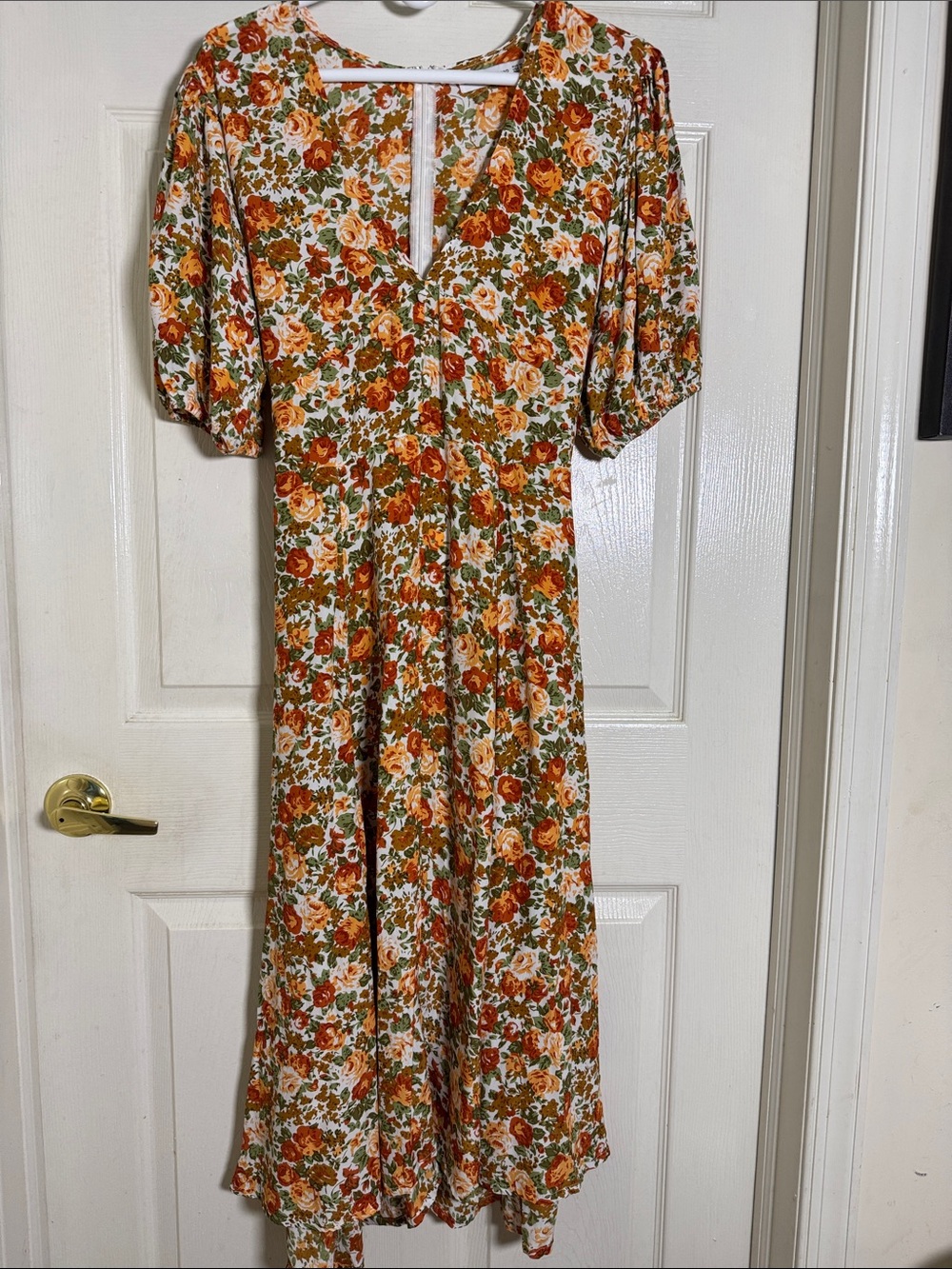 Faithfull the Brand Floral Midi Dress in Orange, Green and Tan Puff Sleeves Sz 6